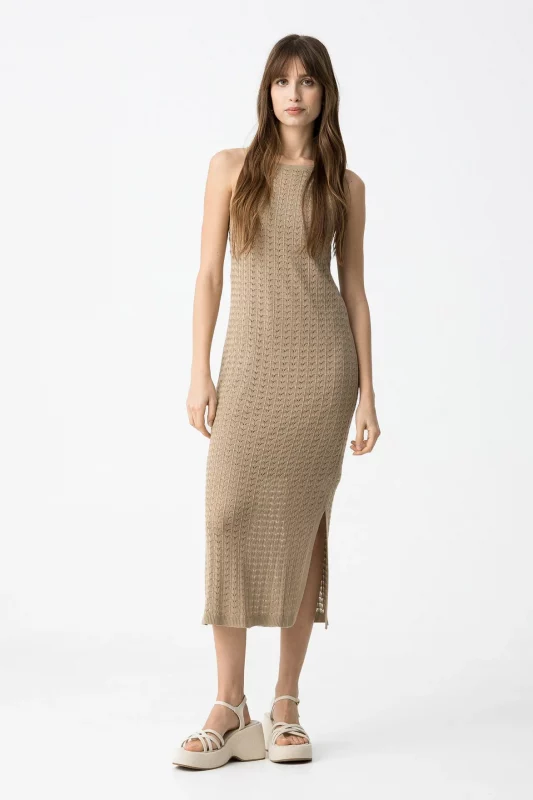 VESTIDO MIDI PUNTO ABIERTO BEIGE 10059016_173
